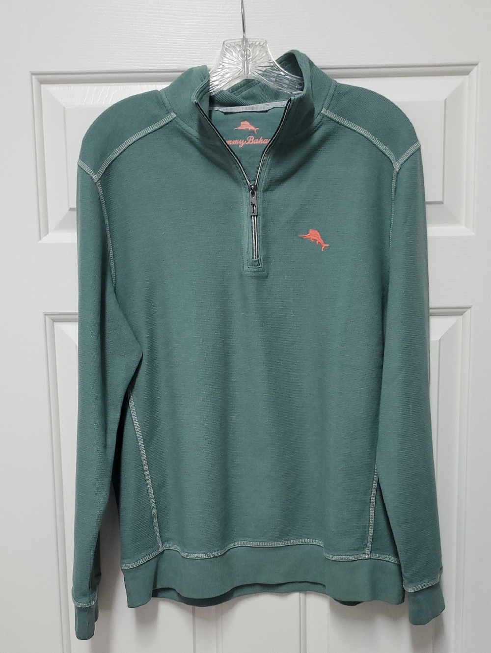 Tommy Bahama Teal-Green Quarter Zip Pullover with Coral Logo
